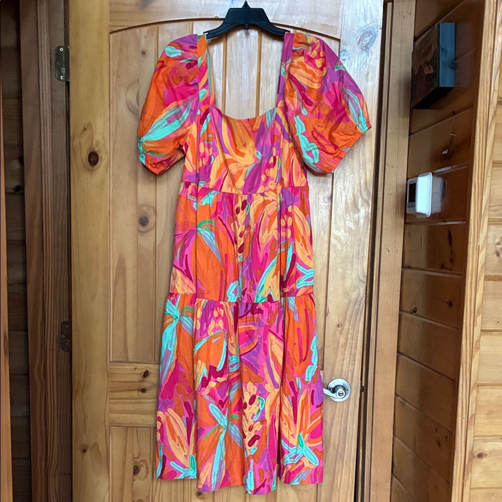 Cotton puff sleeve tiered topical print vibrant midi dress